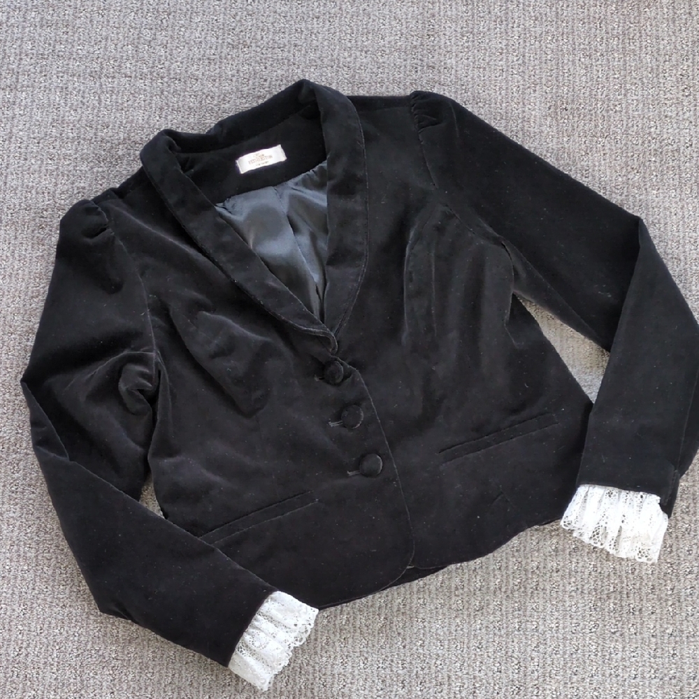 Y2K Erin Fetherston Black Velvet 3-Button Fitted Blazer w/Lace Trim Detail, Sz M